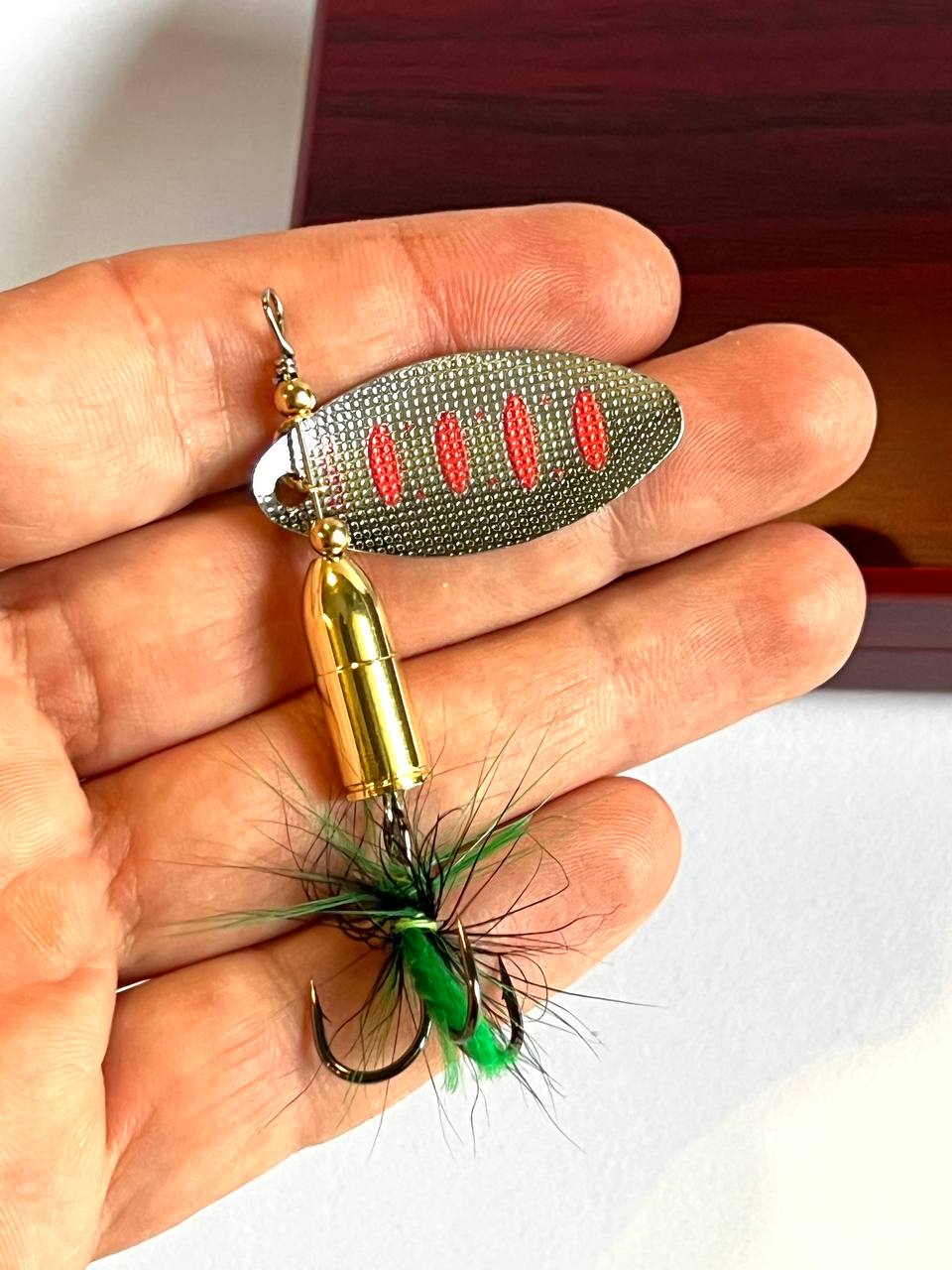 Bullet spinner bait in a wood box for Pike perch bass gift for dad, anglers gift - AarteDesign