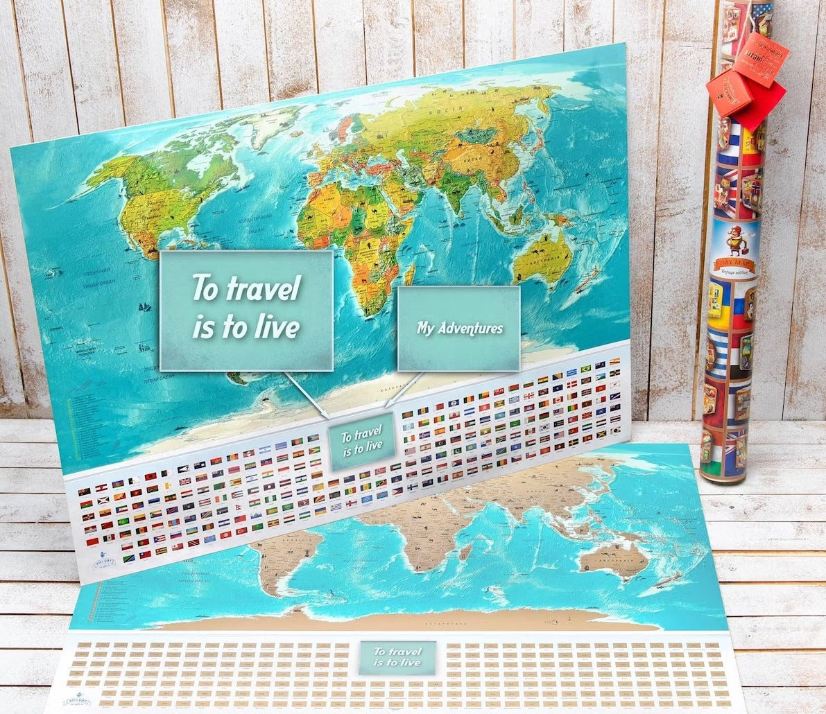 Personalized World map Large Flags Edition Scratch off map travel push pin map poster