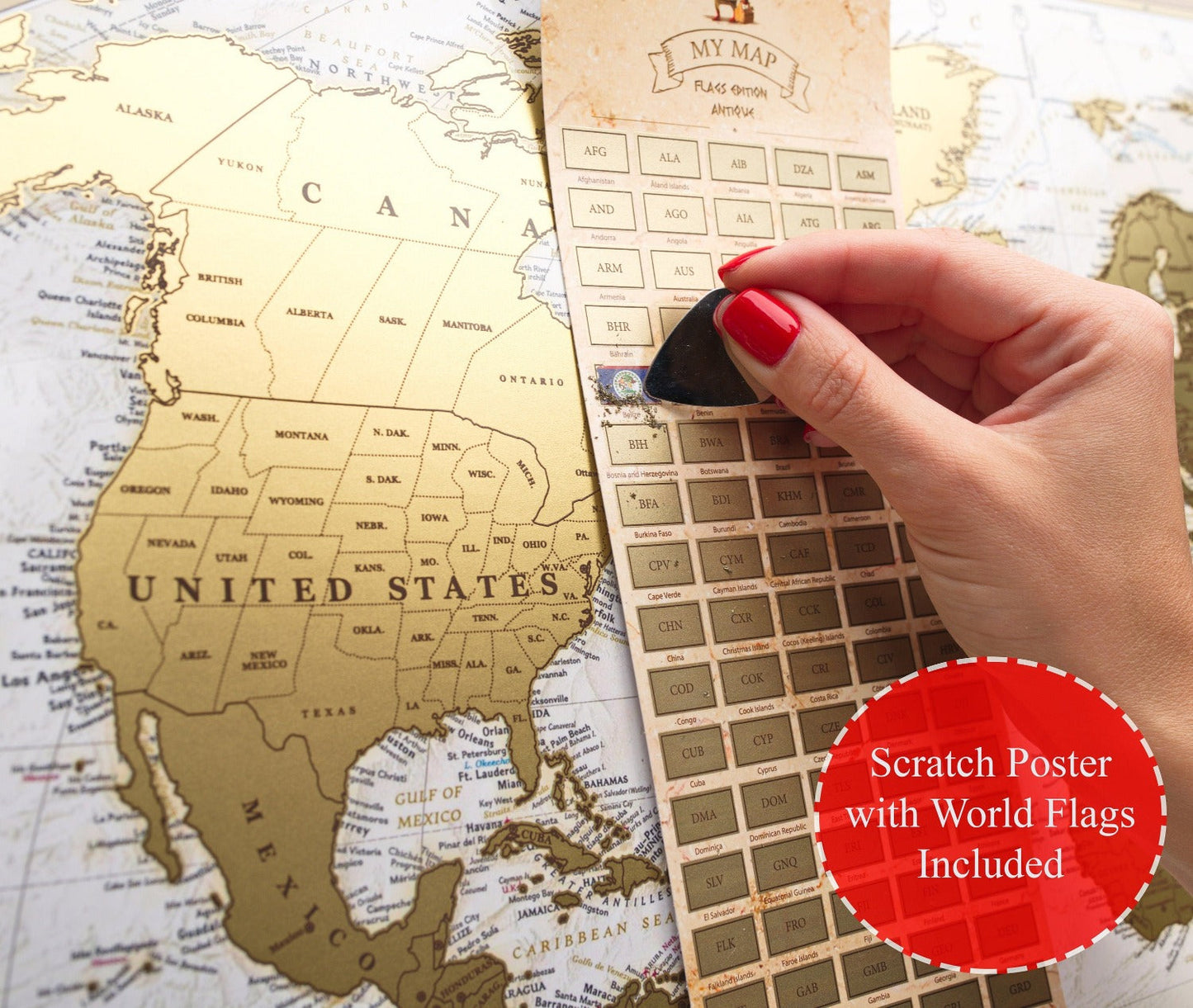 World Map Travel map Scratch off 35x24 Push pin Extra large map Gold Poster