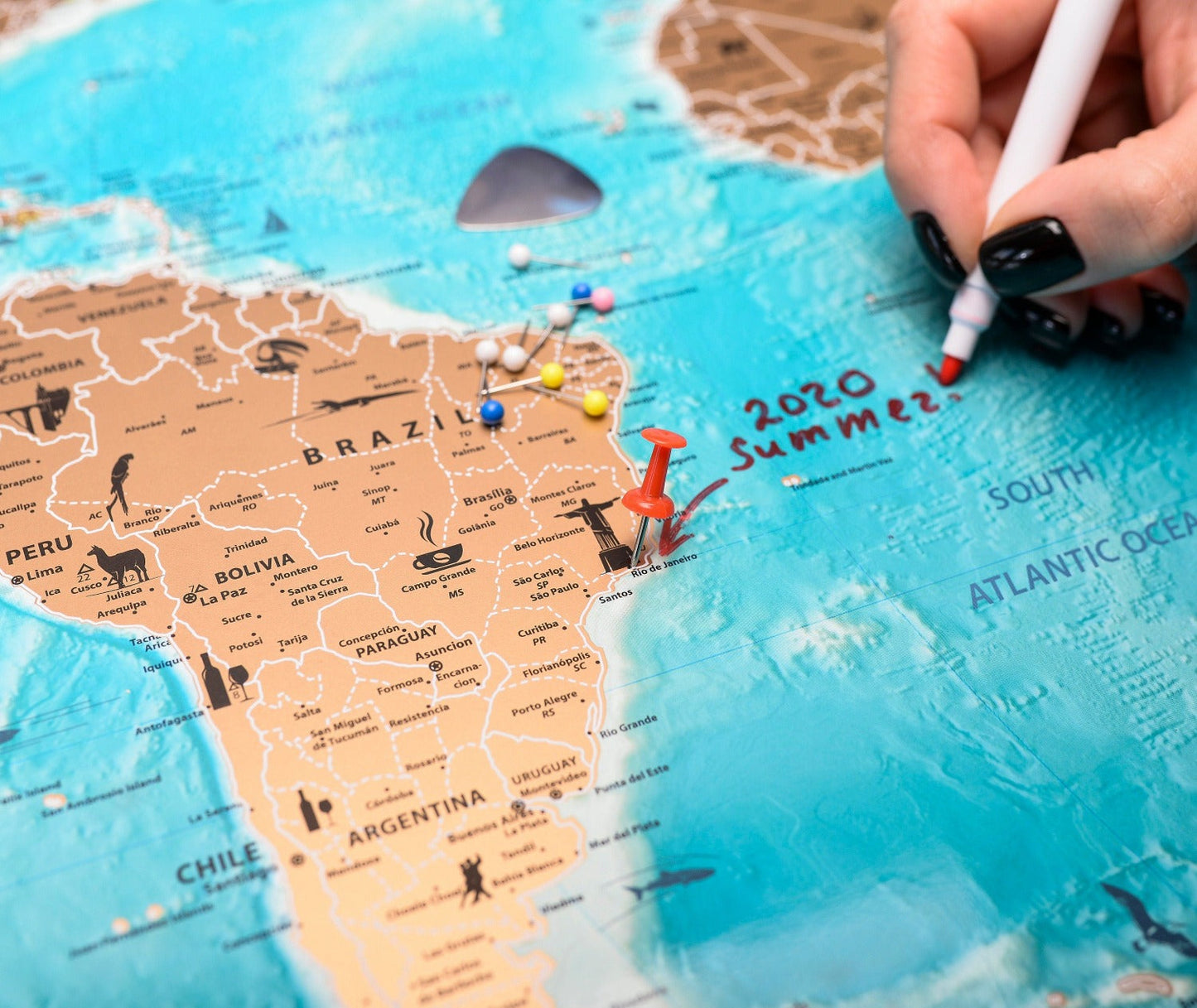 Personalized World map Large Flags Edition Scratch off map travel push pin map poster