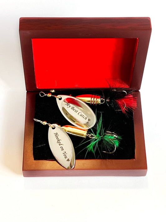 NEW Bullet spinner bait in a wood box for Pike perch bass gift for dad, anglers gift