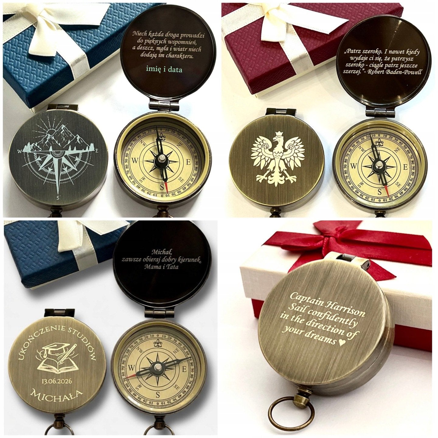 Personalized brass vintage Compass gift in a  Wooden box engraved