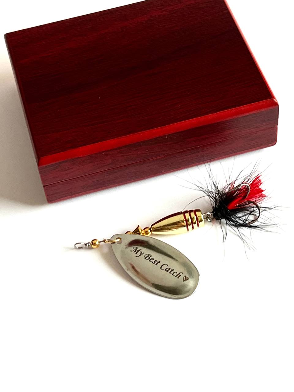 Bullet spinner bait in a wood box for Pike perch bass gift for dad, anglers gift - AarteDesign
