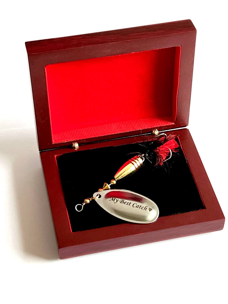 Bullet spinner bait in a wood box for Pike perch bass gift for dad, anglers gift - AarteDesign
