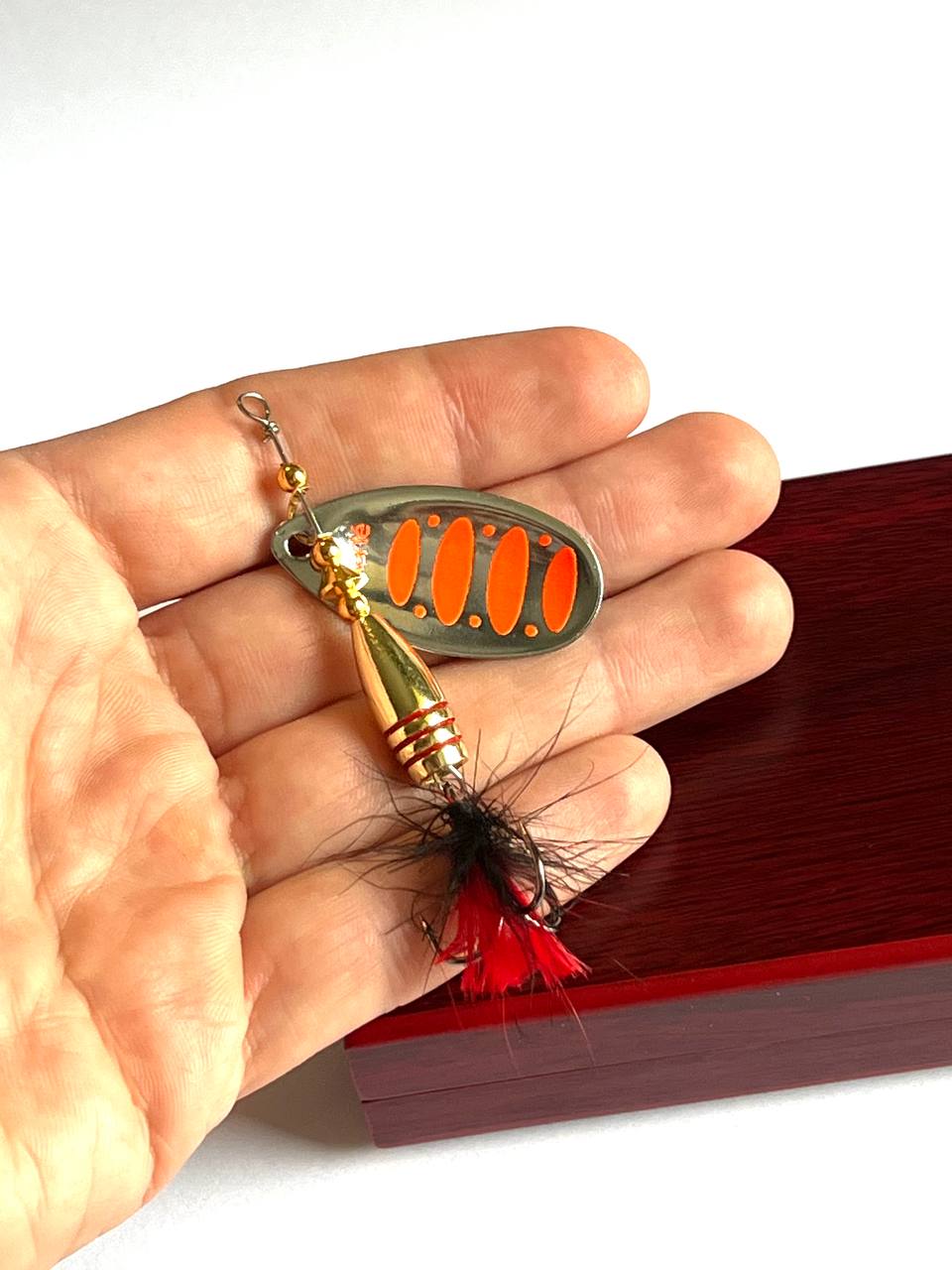 Bullet spinner bait in a wood box for Pike perch bass gift for dad, anglers gift - AarteDesign