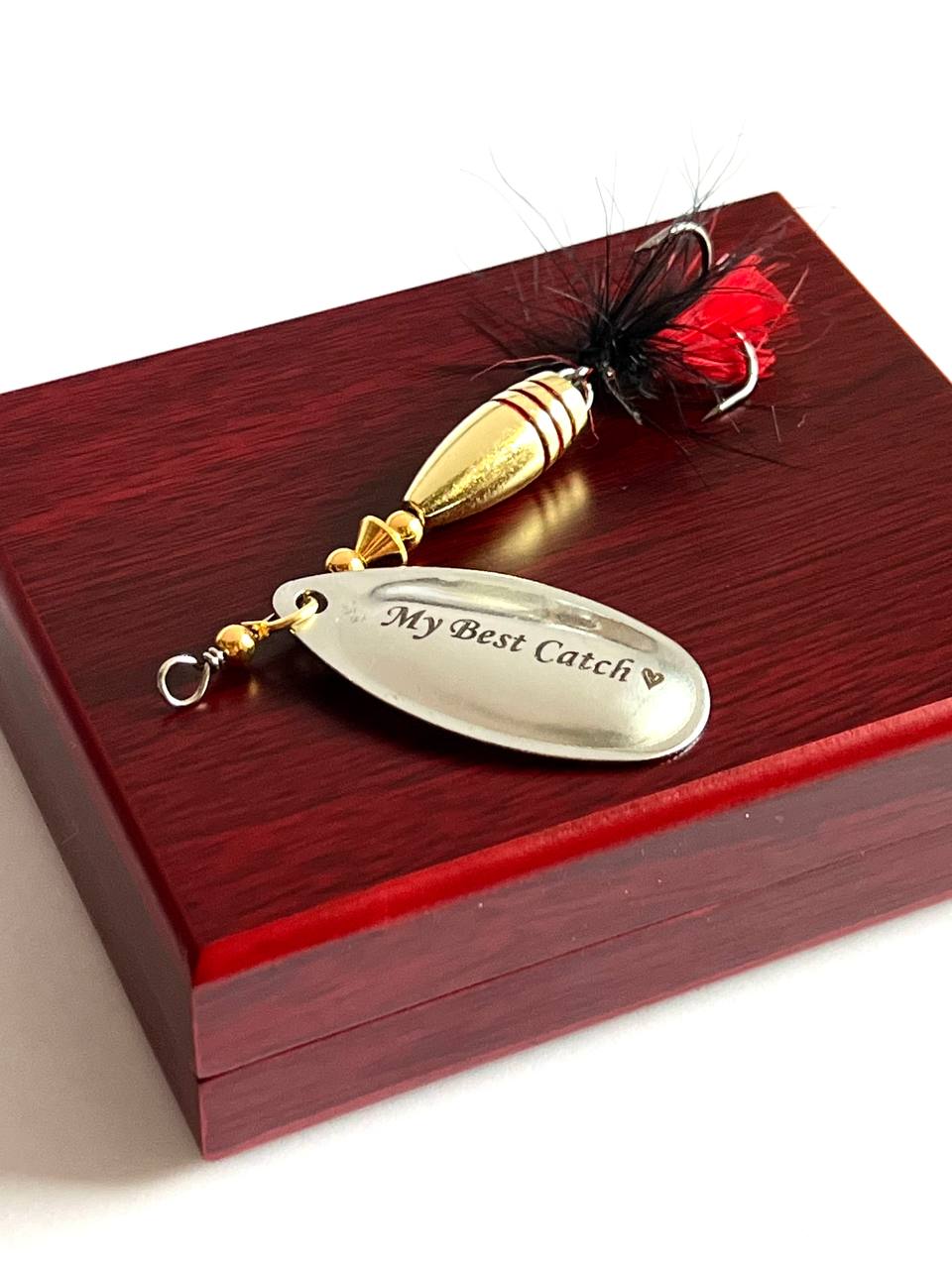 Bullet spinner bait in a wood box for Pike perch bass gift for dad, anglers gift - AarteDesign