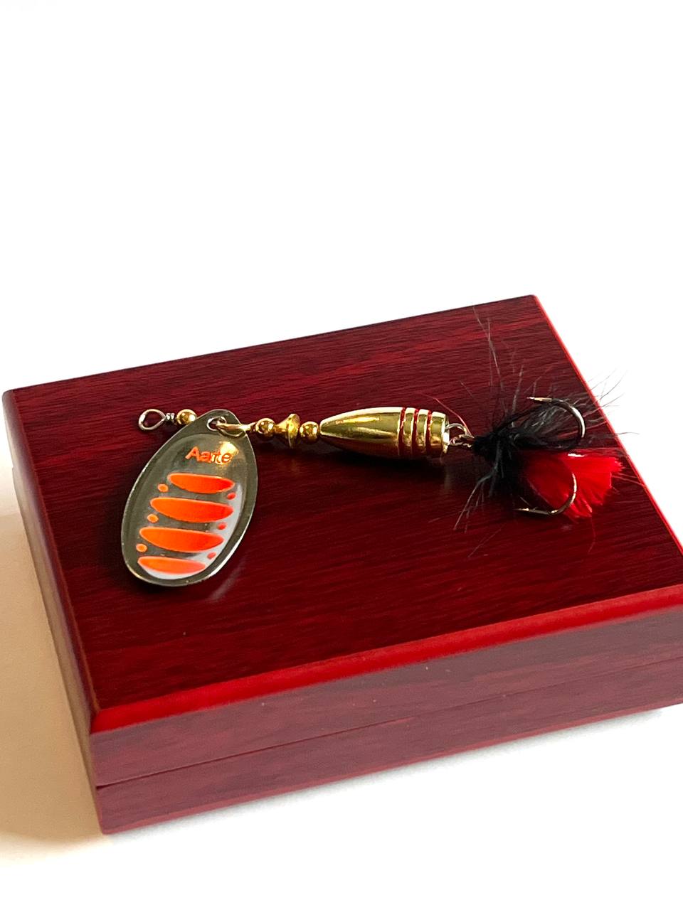 Bullet spinner bait in a wood box for Pike perch bass gift for dad, anglers gift - AarteDesign