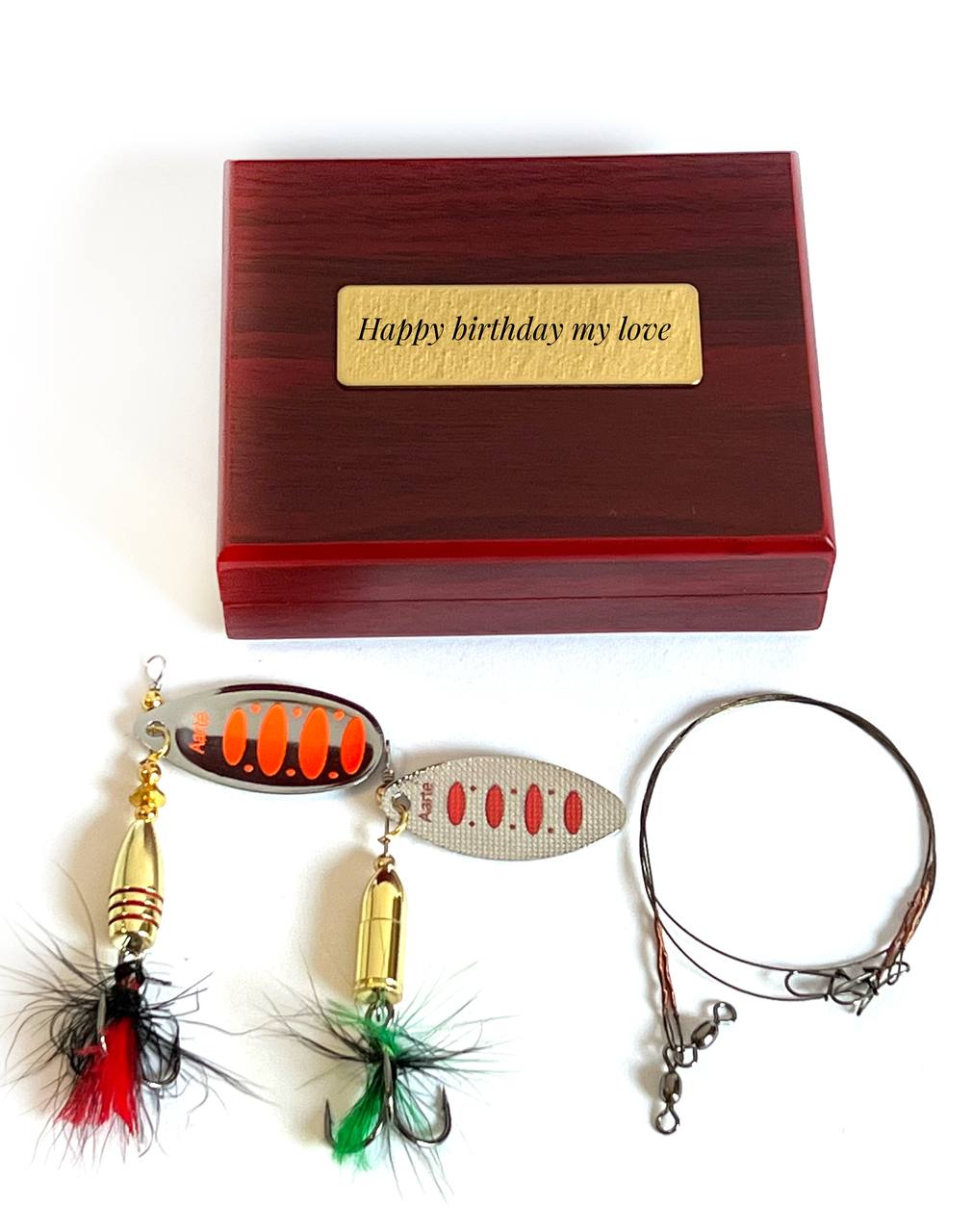Bullet spinner bait in a wood box for Pike perch bass gift for dad, anglers gift - AarteDesign