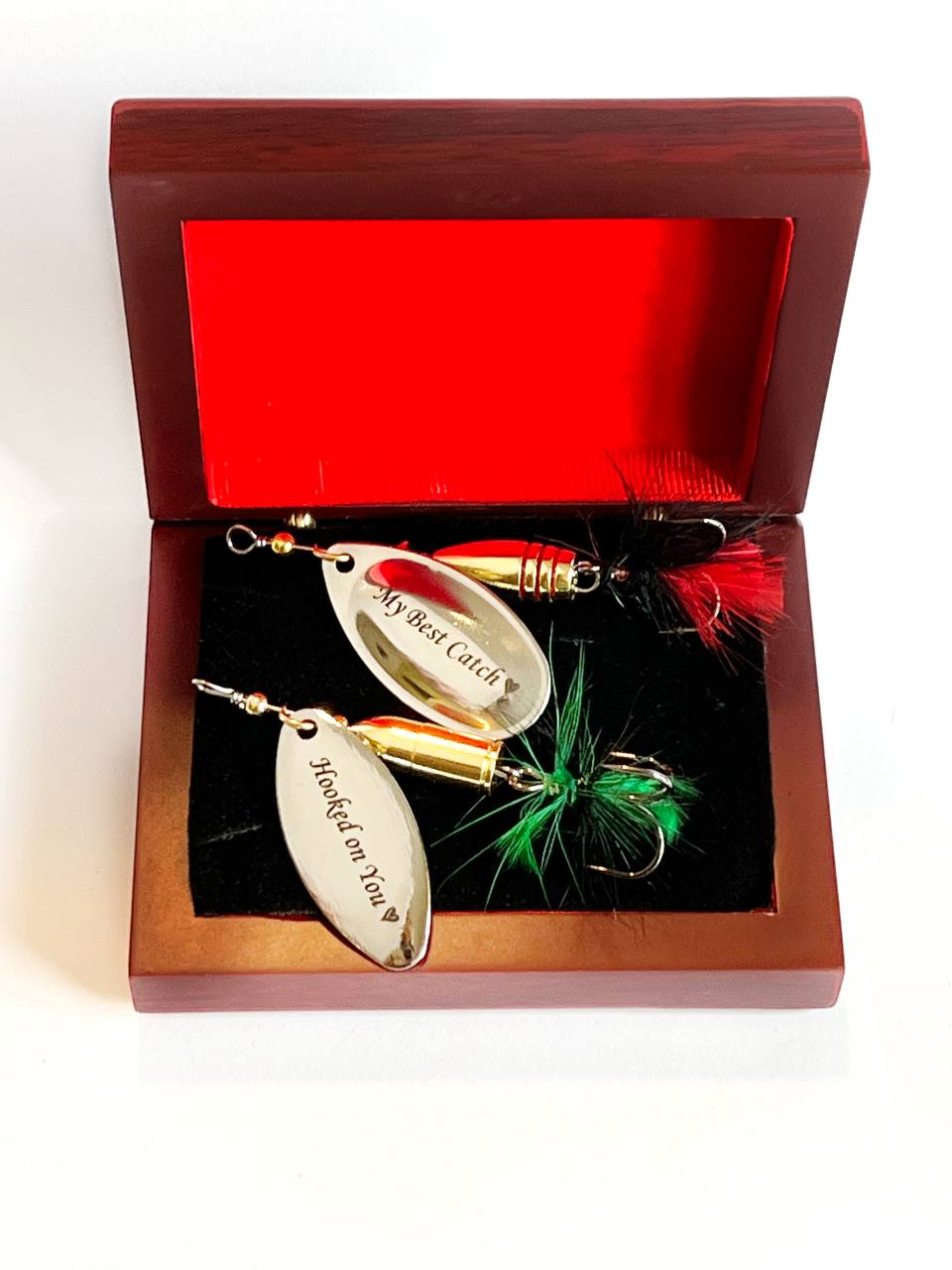 Bullet spinner bait in a wood box for Pike perch bass gift for dad, anglers gift - AarteDesign