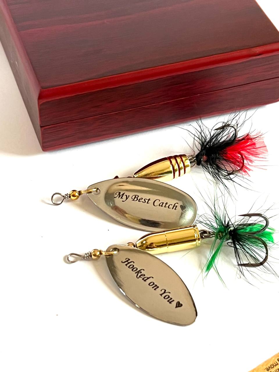 Bullet spinner bait in a wood box for Pike perch bass gift for dad, anglers gift - AarteDesign