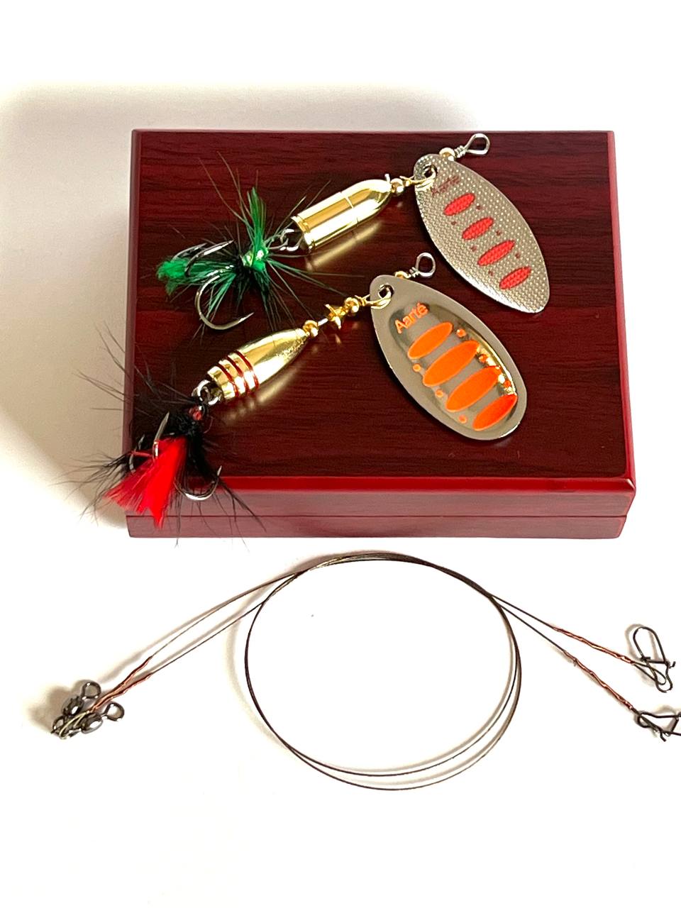 Bullet spinner bait in a wood box for Pike perch bass gift for dad, anglers gift - AarteDesign