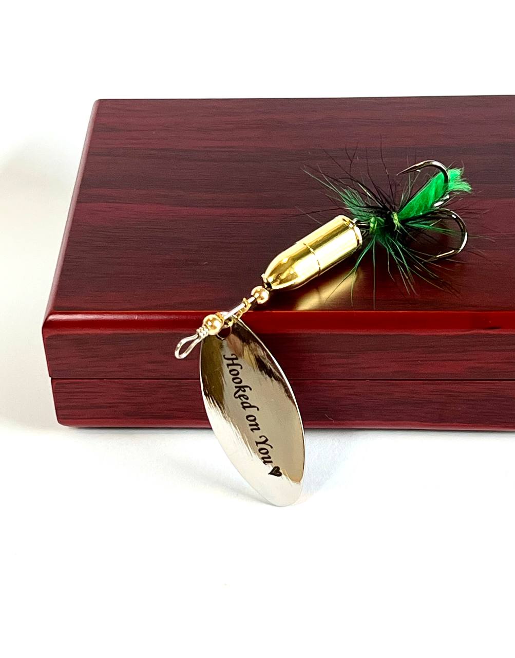 Bullet spinner bait in a wood box for Pike perch bass gift for dad, anglers gift - AarteDesign