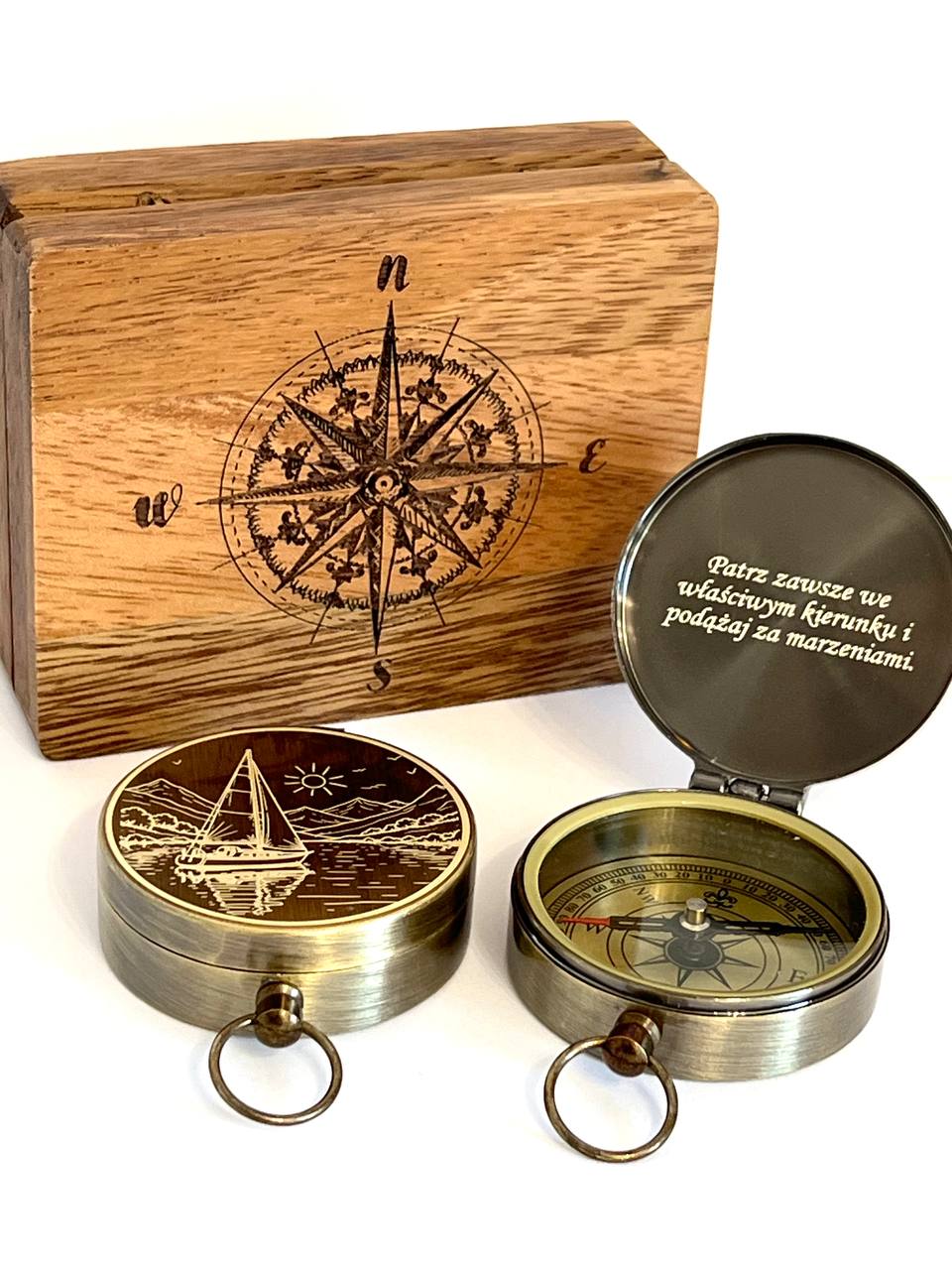 Personalized brass vintage Compass gift in a  Wooden box engraved