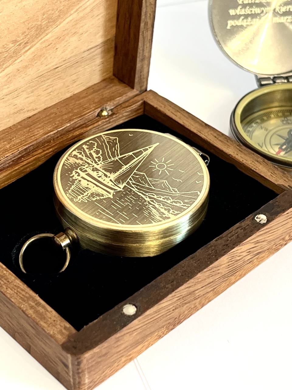 Personalized brass vintage Compass gift in a  Wooden box engraved