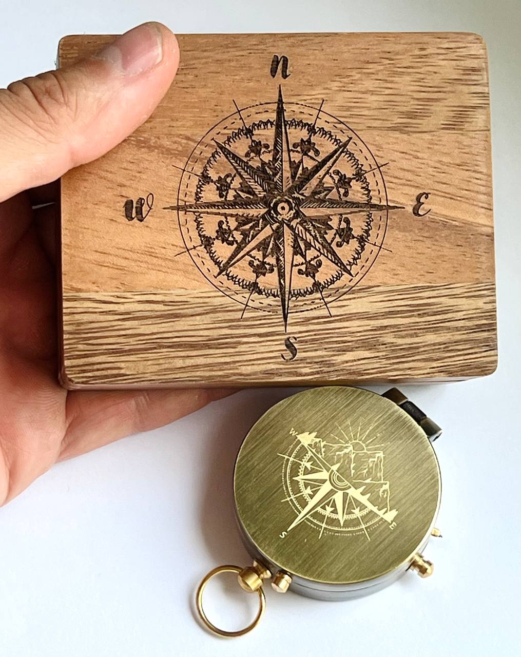 Personalized brass vintage Compass gift in a  Wooden box engraved