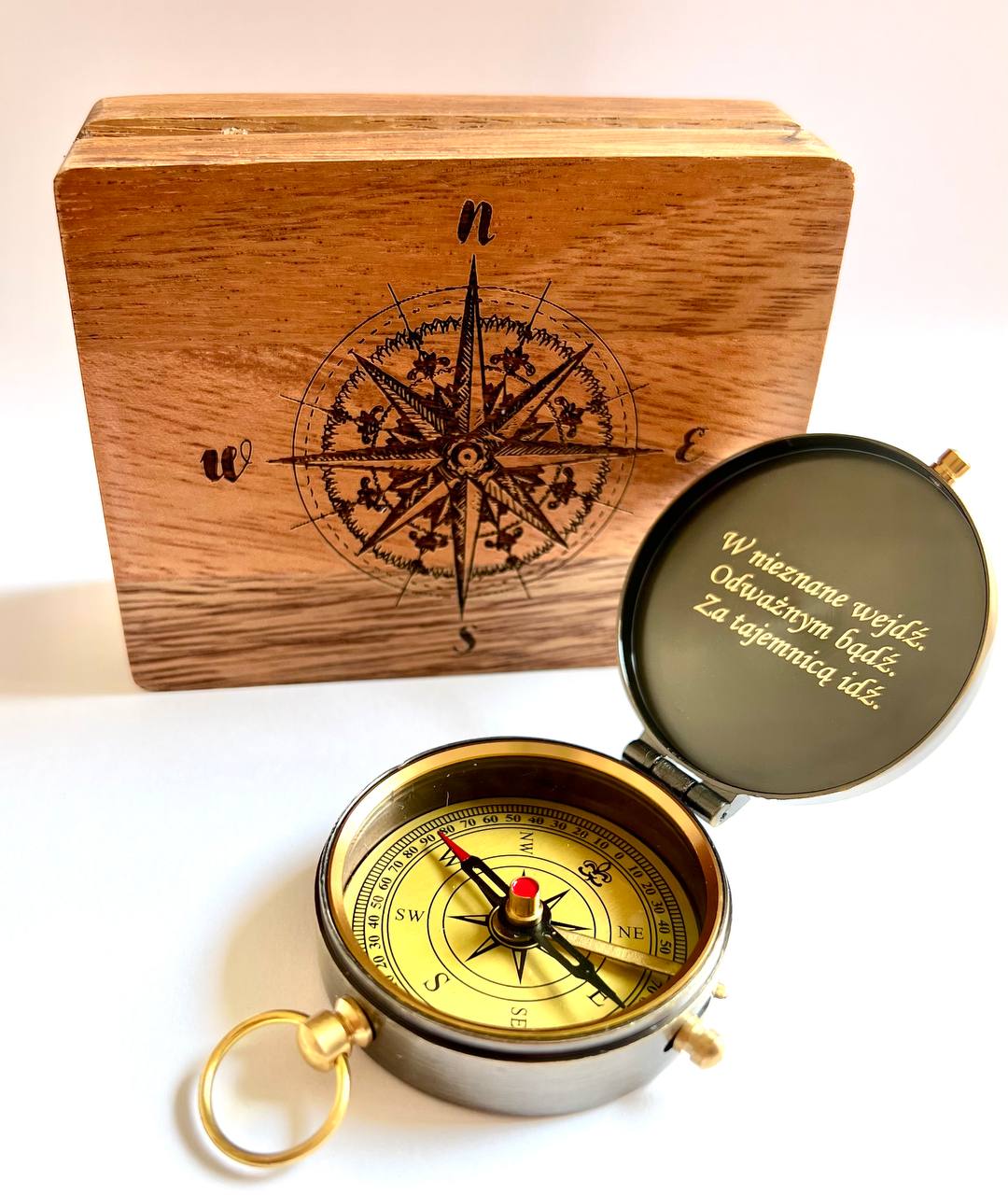 Personalized brass vintage Compass gift in a  Wooden box engraved