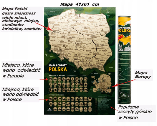 Mapa Polski POLSKA+EUROPA Mapa ZDRAPKA 60x40 Mapa podróży