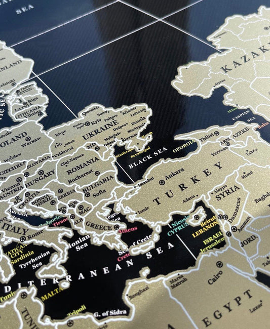 World map without russia Travel map Scratch off map Black Perfect World 35x25" Push Pin - AarteDesign