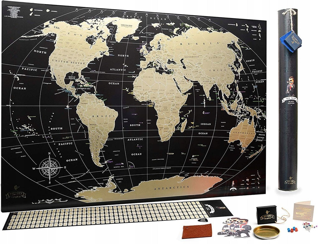 XXL World Scratch off map Large Black Gold Travels World Travel Map Push pin Map in tube