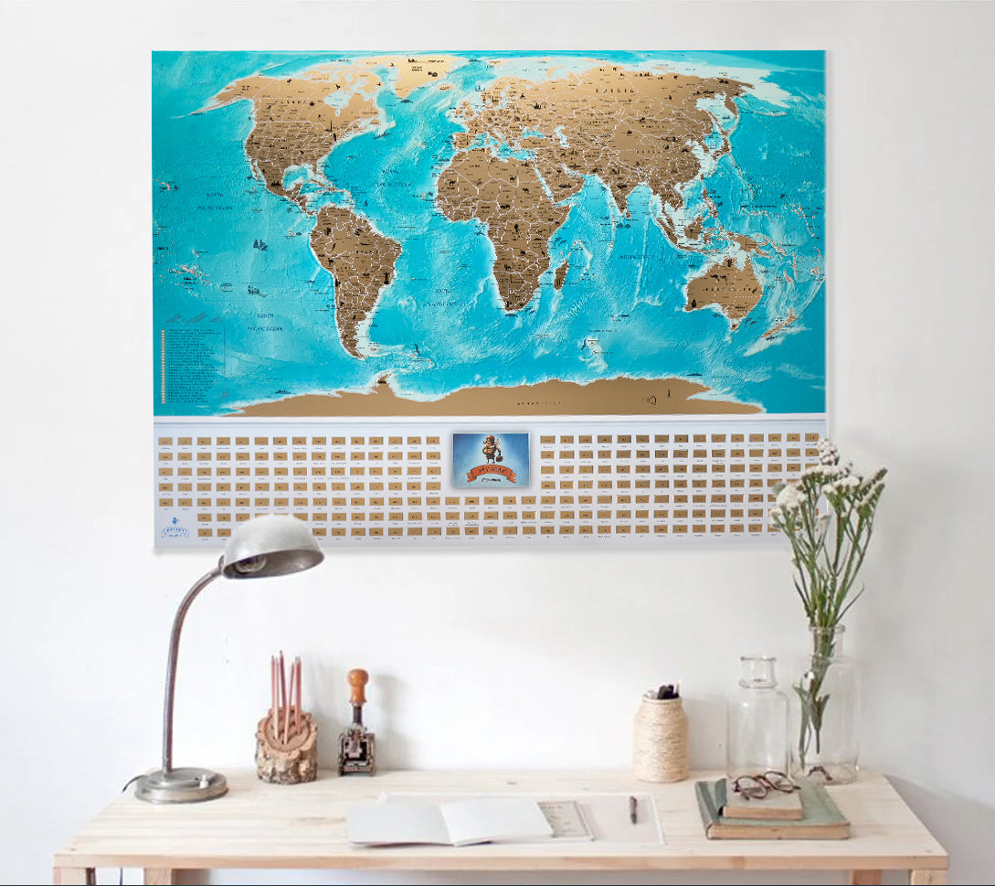 Personalized World map Large Flags Edition Scratch off map travel push pin map poster