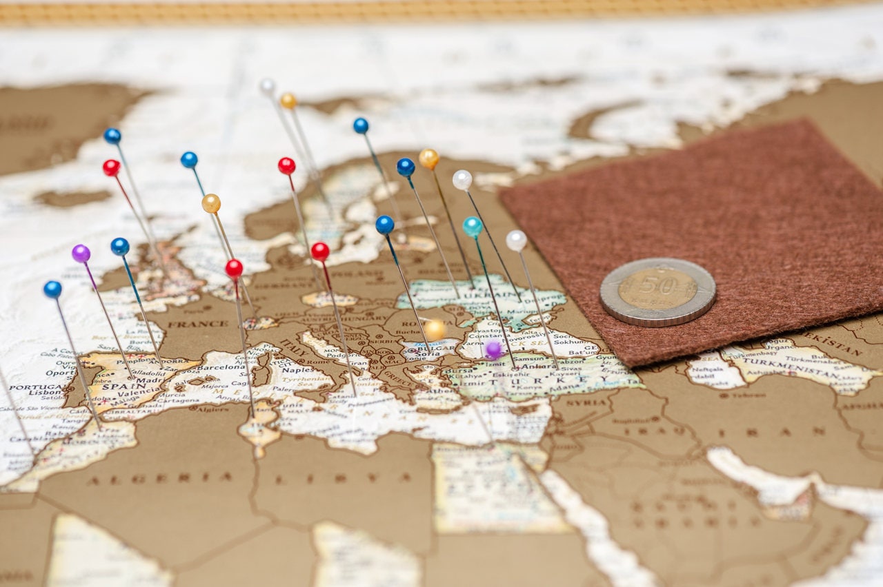 World Map Travel map Scratch off 35x24 Push pin Extra large map Gold Poster