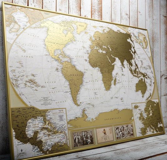 World Map Travel map Scratch off 35x24 Push pin Extra large map Gold Poster
