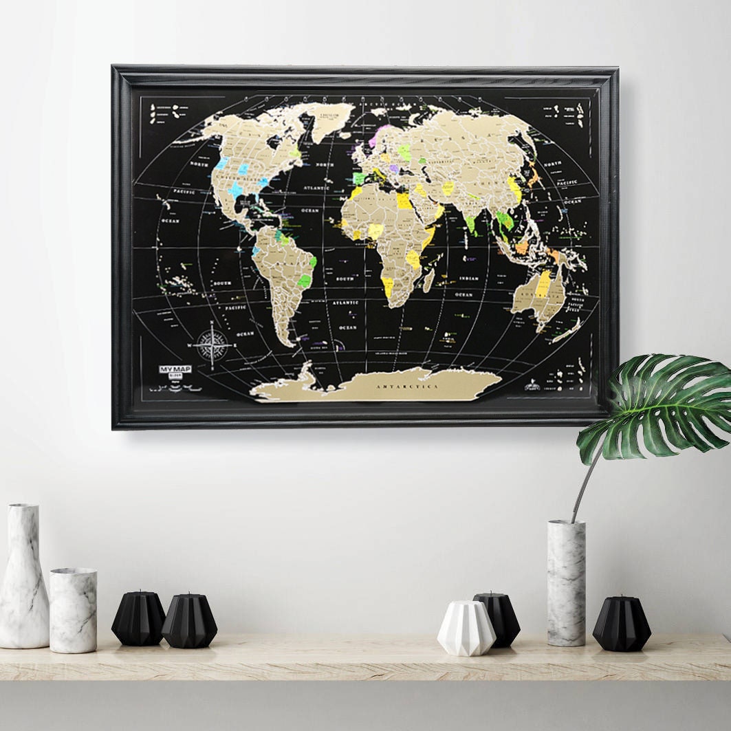 Framed Scratch Off Map Premium 16x24 Scratch world map Black Gold Map ...